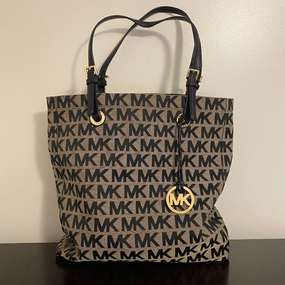 Michael Kors Jetset North South Canvas Logo Black Tan Tote - Picture 1 of 9